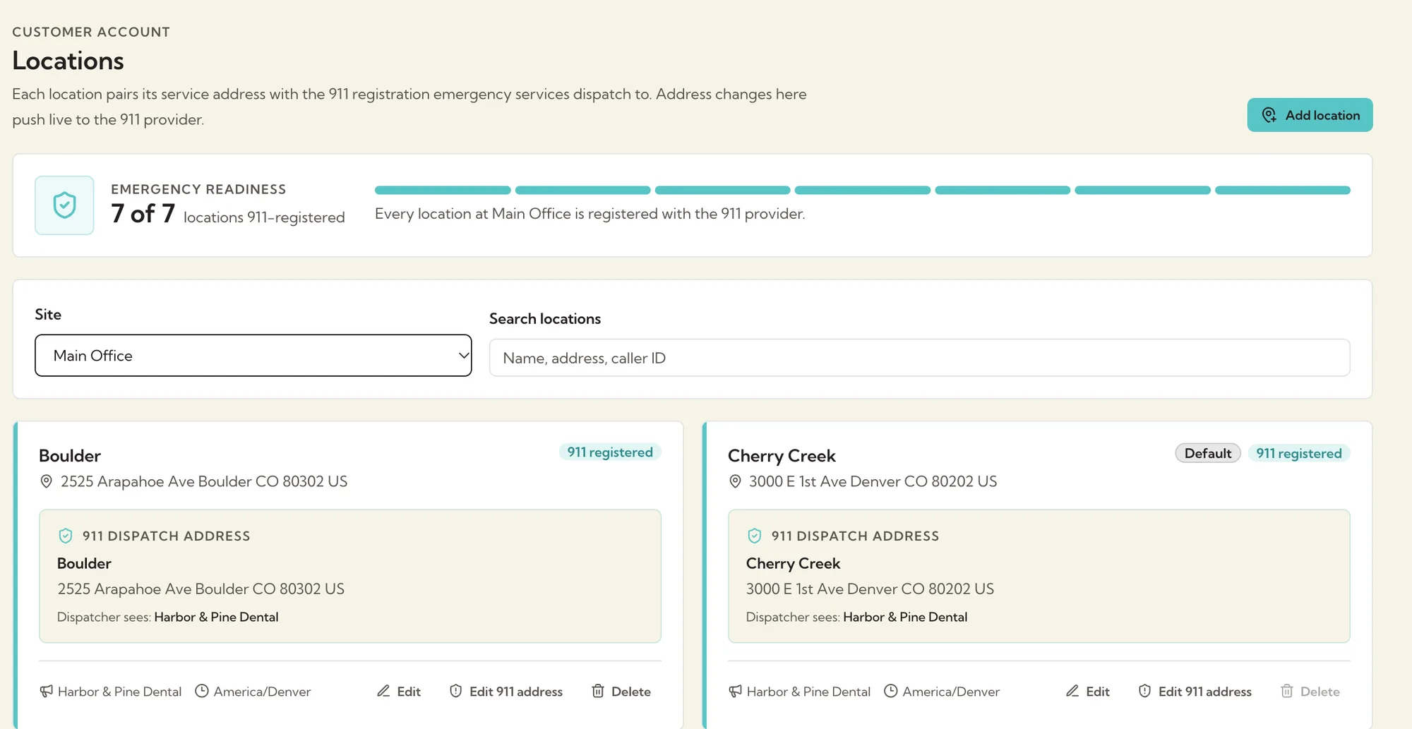 Locations: seven of seven locations registered for 911, each with its dispatch address.
