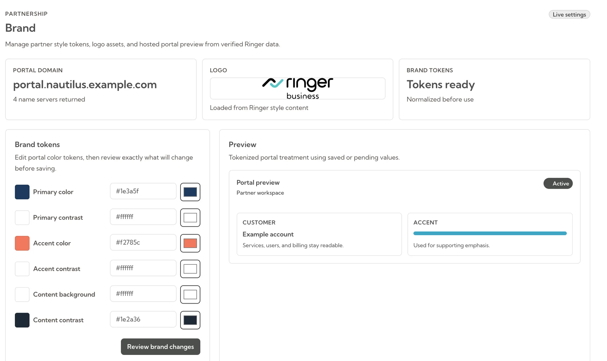 The partner brand page: the portal on the partner’s own domain, its logo, and the color tokens that style it.